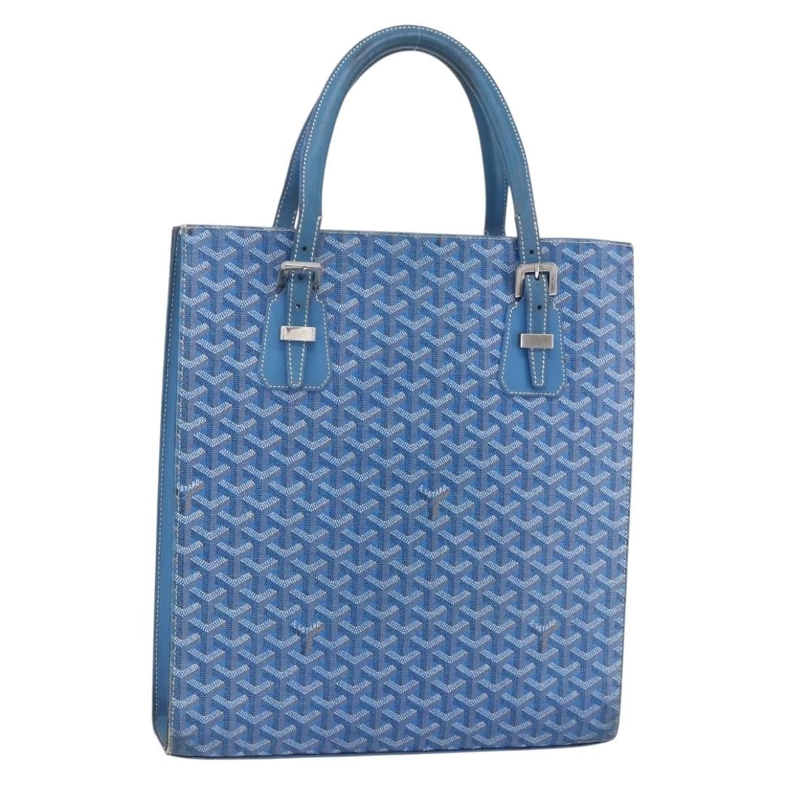 GOYARD Comor GM Blue Silver PVC Leather Tote Bag: GOYARD Comor GM Blue Silver PVC Leather Tote Bag This Goyard COMOR GM tote bag is made in France with a blue and silver PVC leather exterior. It features a tote bag style, handle drop of approximately