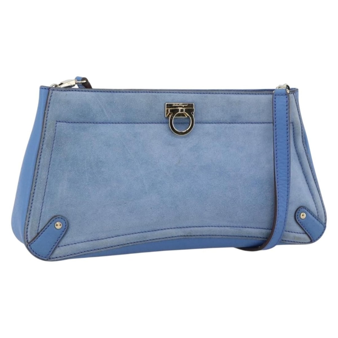 Salvatore Ferragamo Gancini Suede Shoulder Bag Blue Gold Tone Italy: Salvatore Ferragamo Gancini Suede Shoulder Bag Blue Gold Tone Italy Salvatore Ferragamo Gancini shoulder bag in blue suede with gold-tone metal fittings. Made in Italy, this bag measures approximately
