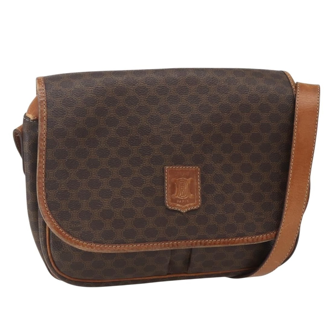 CELINE Macadam Canvas Shoulder Bag PVC Leather Brown Gold Auth: CELINE Macadam Canvas Shoulder Bag PVC Leather Brown Gold Auth This Celine Macadam Canvas Shoulder Bag features a stylish combination of brown PVC leather and gold accents. Designed for versatility, i