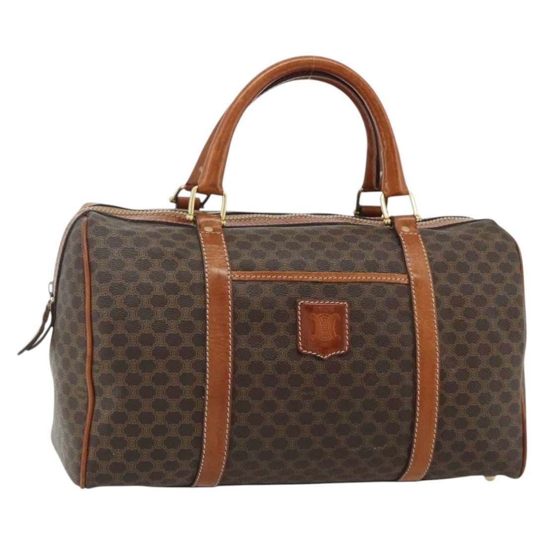 CELINE Macadam Canvas PVC Leather Handbag Brown Gold Tone: CELINE Macadam Canvas PVC Leather Handbag Brown Gold Tone Celine Macadam canvas hand bag in brown with gold-tone accents, crafted with PVC leather. This women's handbag is made in Italy and includes o