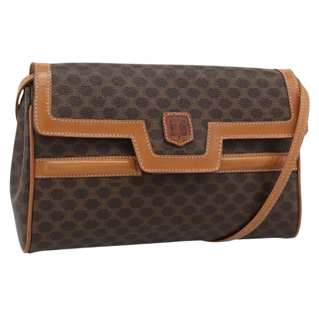 CELINE Macadam Canvas PVC Leather Shoulder Bag Brown Gold Tone: CELINE Macadam Canvas PVC Leather Shoulder Bag Brown Gold Tone CELINE Macadam canvas shoulder bag in brown and gold, made in Italy. The bag is constructed from PVC leather and Macadam canvas, with a s