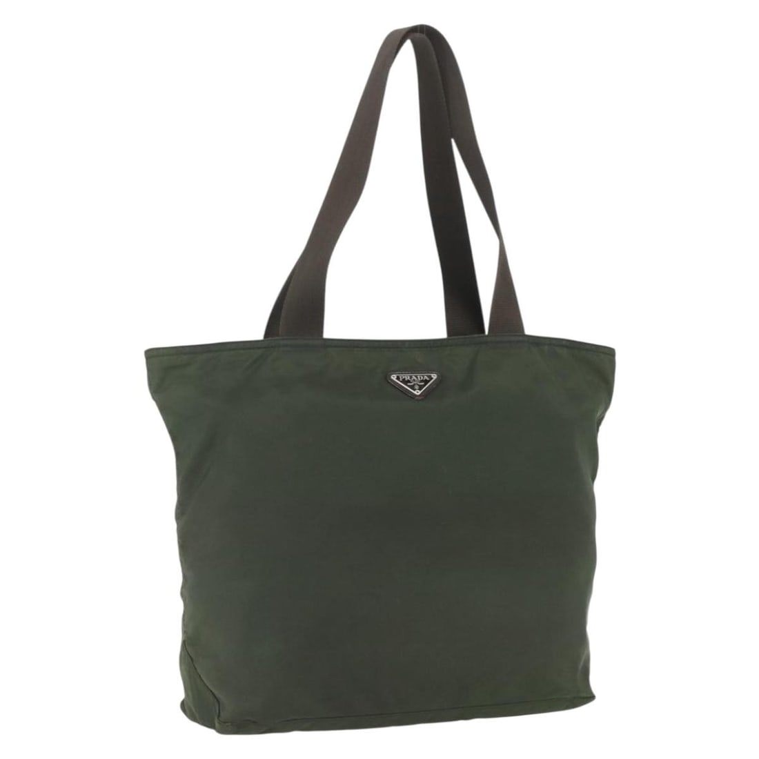 Khaki Silver Nylon Tote Bag by Prada Made in Italy: Khaki Silver Nylon Tote Bag by Prada Made in Italy This PRADA tote bag features a khaki nylon exterior with silver-tone accents. Made in Italy, the bag has a spacious design ideal for everyday use. Th