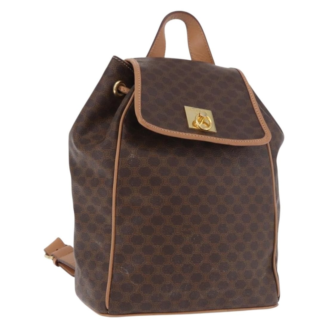 CELINE Macadam Backpack Brown PVC Leather Gold Tone Italy: CELINE Macadam Backpack Brown PVC Leather Gold Tone Italy CELINE Macadam Canvas backpack in brown and gold, made in Italy from PVC leather and Macadam canvas. This women's backpack measures approximat