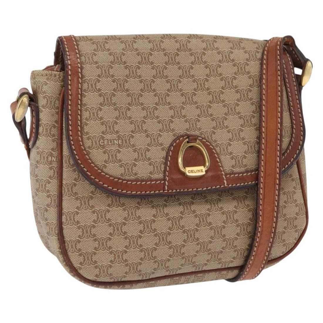 Celine Macadam Beige PVC Shoulder Bag with Gold Accents: Celine Macadam Beige PVC Shoulder Bag with Gold Accents This CELINE Macadam canvas shoulder bag features a beige and gold color scheme with PVC leather and Macadam canvas exterior. Designed for women,