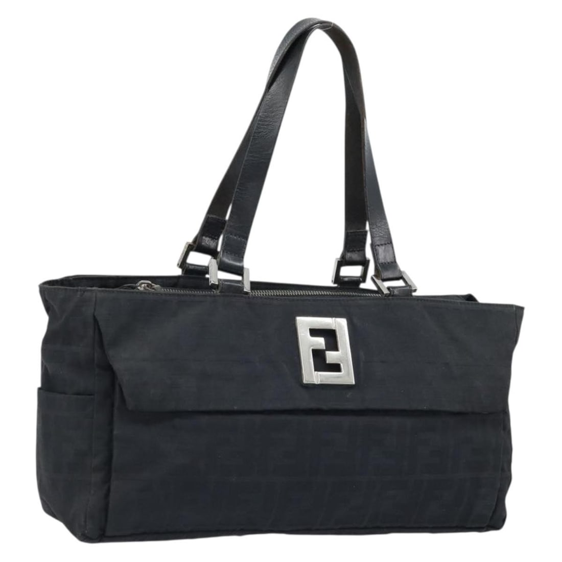FENDI Black Silver Zucca Canvas Womens Tote: FENDI Black Silver Zucca Canvas Womens Tote Authentic Fendi tote bag in black and silver Zucca canvas. This women's bag is made in Italy and features a compact silhouette with shoulder-length handles.