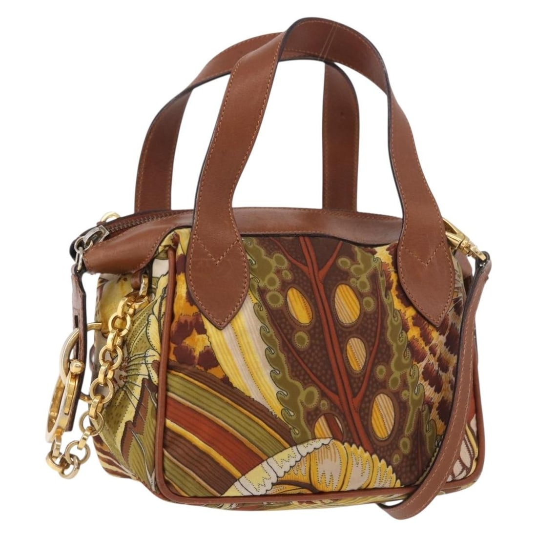 Salvatore Ferragamo Brown Gold Canvas Shoulder Bag with Strap: Salvatore Ferragamo Brown Gold Canvas Shoulder Bag with Strap This Salvatore Ferragamo handbag features a two-way design crafted from brown and gold canvas with leather accents. Designed for women, it