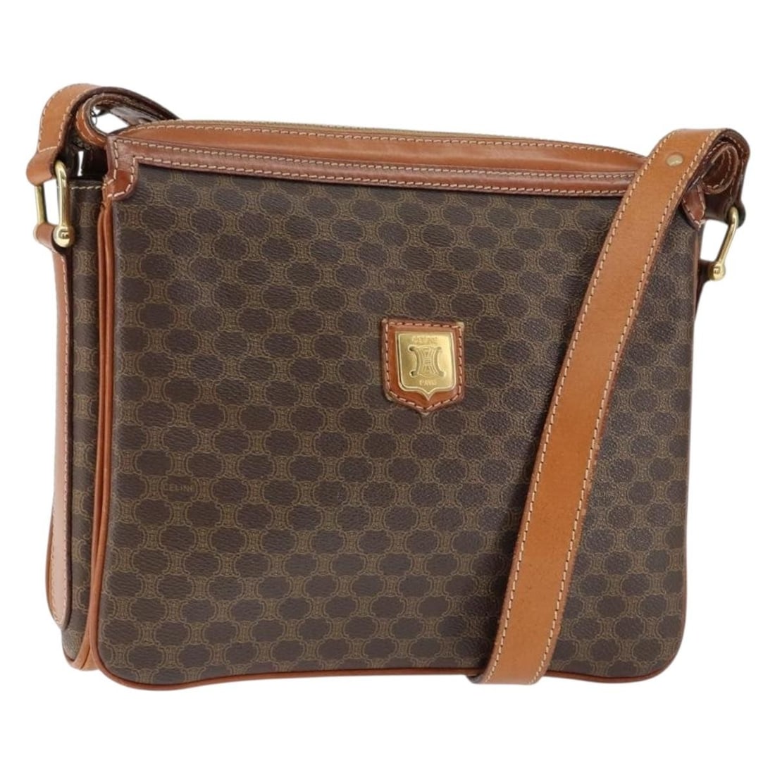 CELINE Macadam Canvas Shoulder Bag Brown Gold PVC Leather Italy Auth: CELINE Macadam Canvas Shoulder Bag Brown Gold PVC Leather Italy Auth The CELINE Macadam Canvas Shoulder Bag is a stylish accessory crafted from durable PVC leather in an elegant brown and gold color c