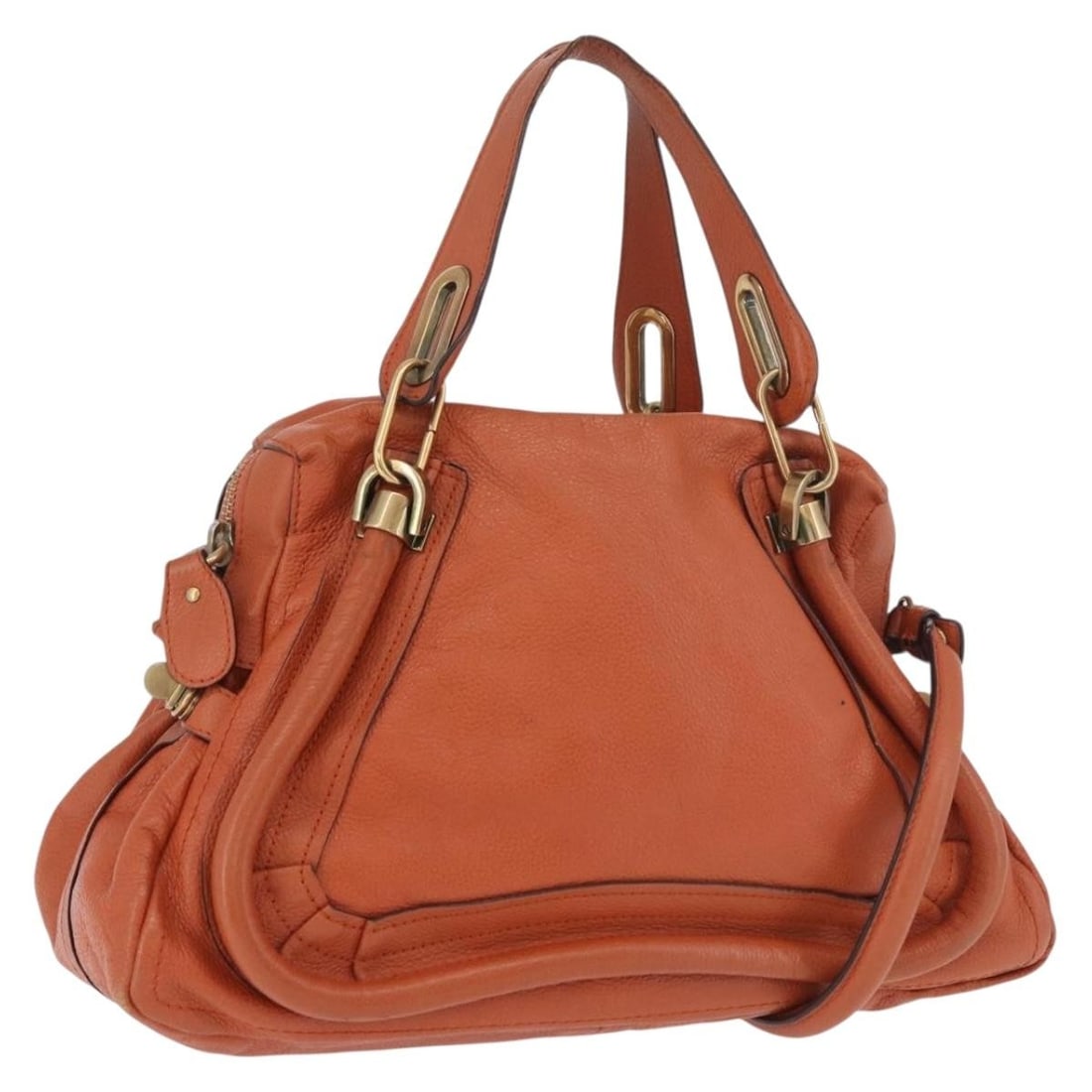 Chloe Paraty 2way Leather Handbag Orange Gold Tone Italy: Chloe Paraty 2way Leather Handbag Orange Gold Tone Italy Chloe Paraty 2way hand bag in leather, presented in orange and gold. This women's bag was made in Italy and is offered in heavily used conditio
