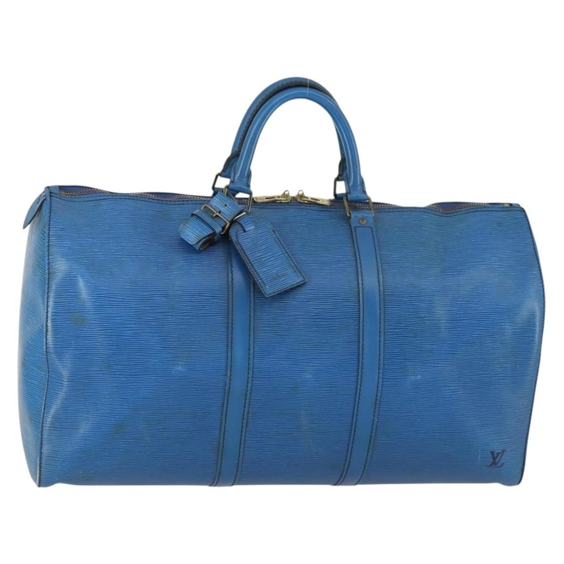 Louis Vuitton Keepall 50 Epi Leather Blue Boston Bag Model M42965: Louis Vuitton Keepall 50 Epi Leather Blue Boston Bag Model M42965 This Louis Vuitton Epi Keepall 50 Boston Bag features blue Epi leather and is designed for women. The bag includes a name tag and Powa