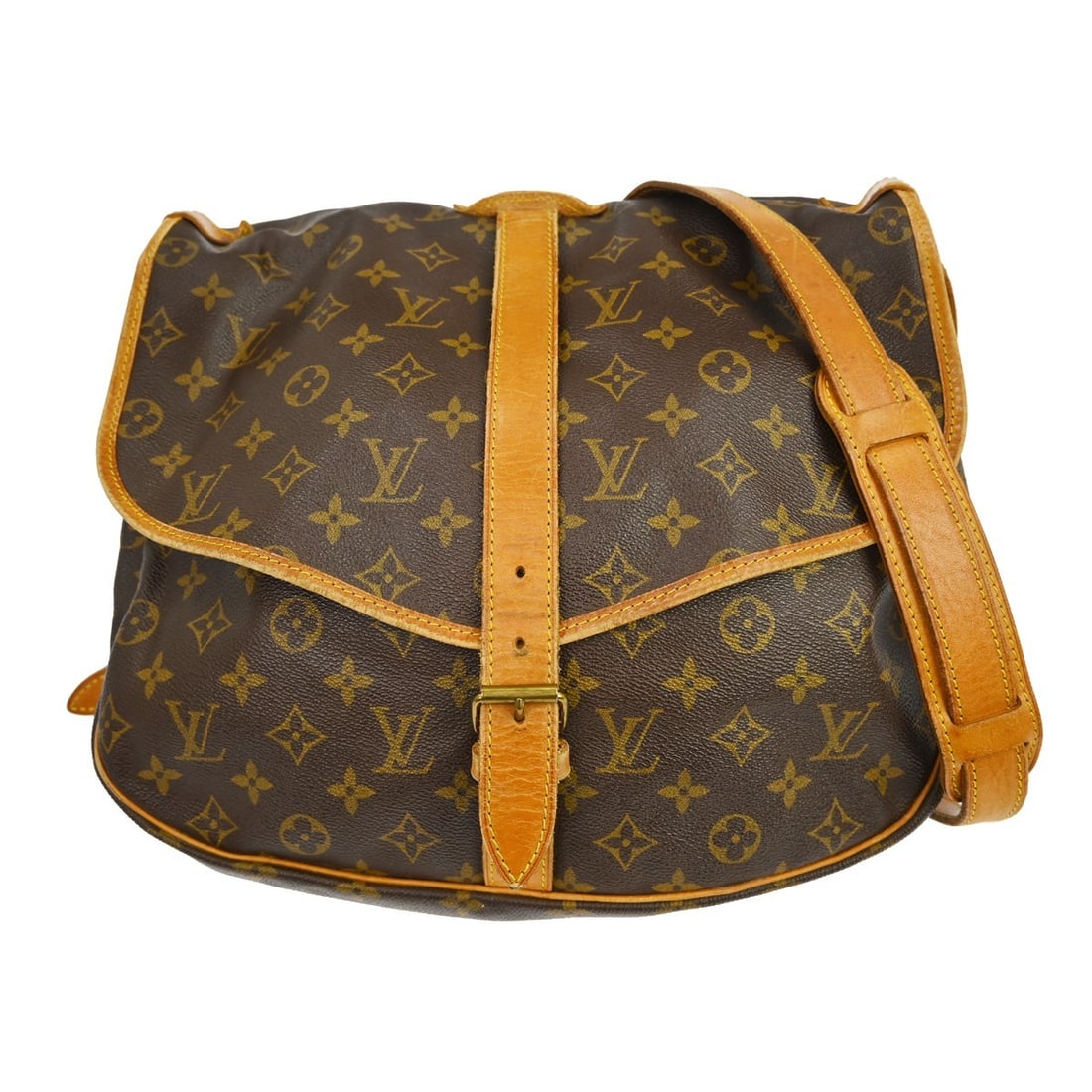 Louis Vuitton Saumur 35 Monogram Crossbody Bag Brown M42254: Louis Vuitton Saumur 35 Monogram Crossbody Bag Brown M42254 Vintage Louis Vuitton Saumur 35 shoulder bag in brown Monogram canvas with leather trim and a buckle closure. This unisex bag features a cro