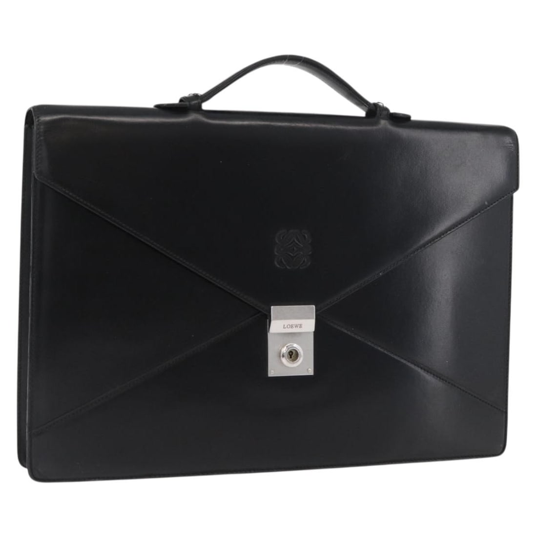 LOEWE Black Leather Briefcase with 2 Keys and Clochette: LOEWE Black Leather Briefcase with 2 Keys and Clochette A black leather business bag in silver-tone hardware, presented in heavily used condition. It includes two keys and a clochette. The bag shows s