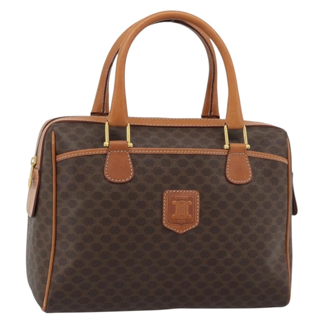 CELINE Macadam Brown PVC Leather Boston Bag Italy: CELINE Macadam Brown PVC Leather Boston Bag Italy Authentic CELINE Macadam canvas Boston bag in brown with gold-tone accents, crafted with PVC leather trim. Made in Italy, this women's handbag is offe