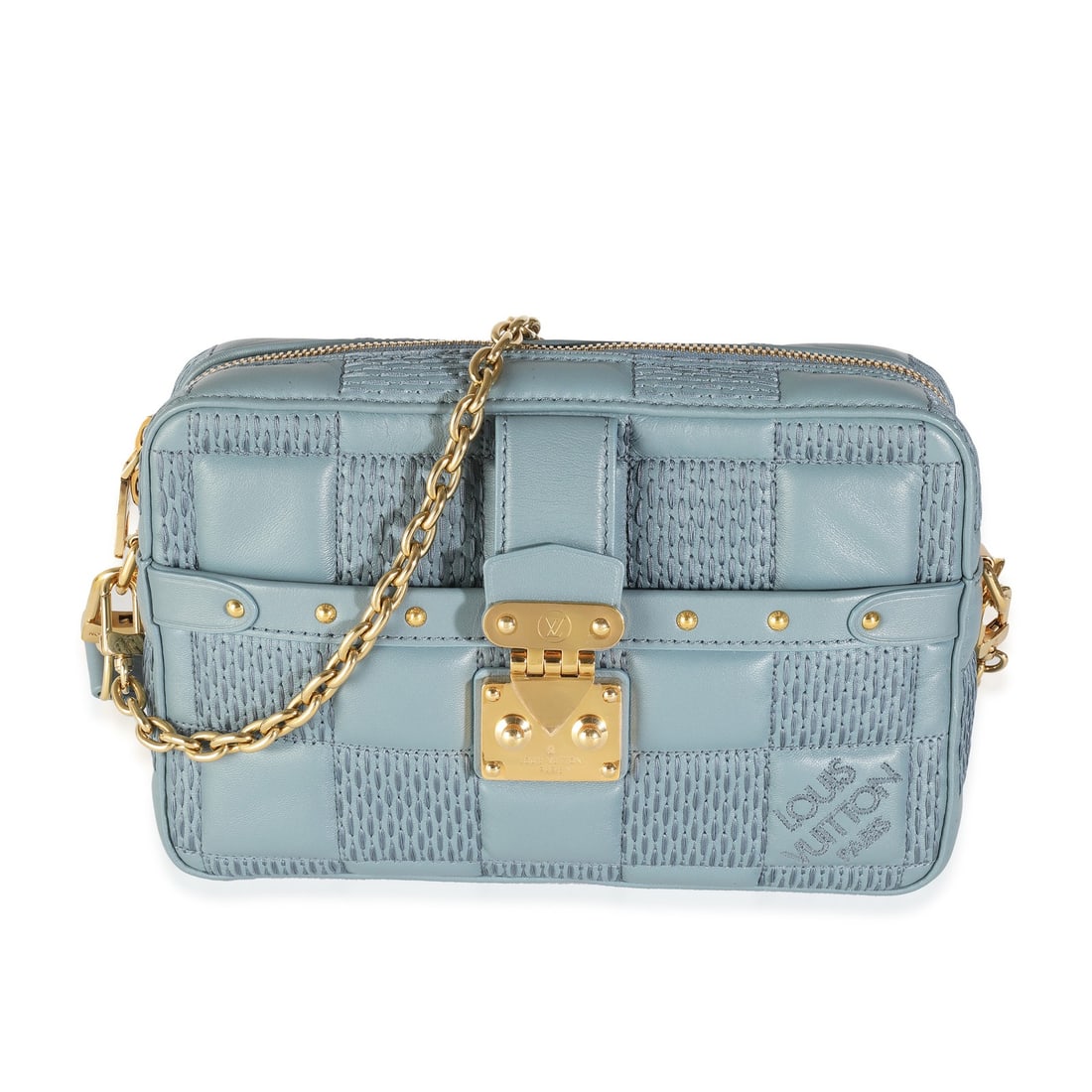Louis Vuitton Troca PM blue quilted lambskin shoulder bag: Louis Vuitton Troca PM blue quilted lambskin shoulder bag This Louis Vuitton Troca PM shoulder bag features a striking blue quilted Damier lambskin leather exterior complemented by gold-tone hardware.