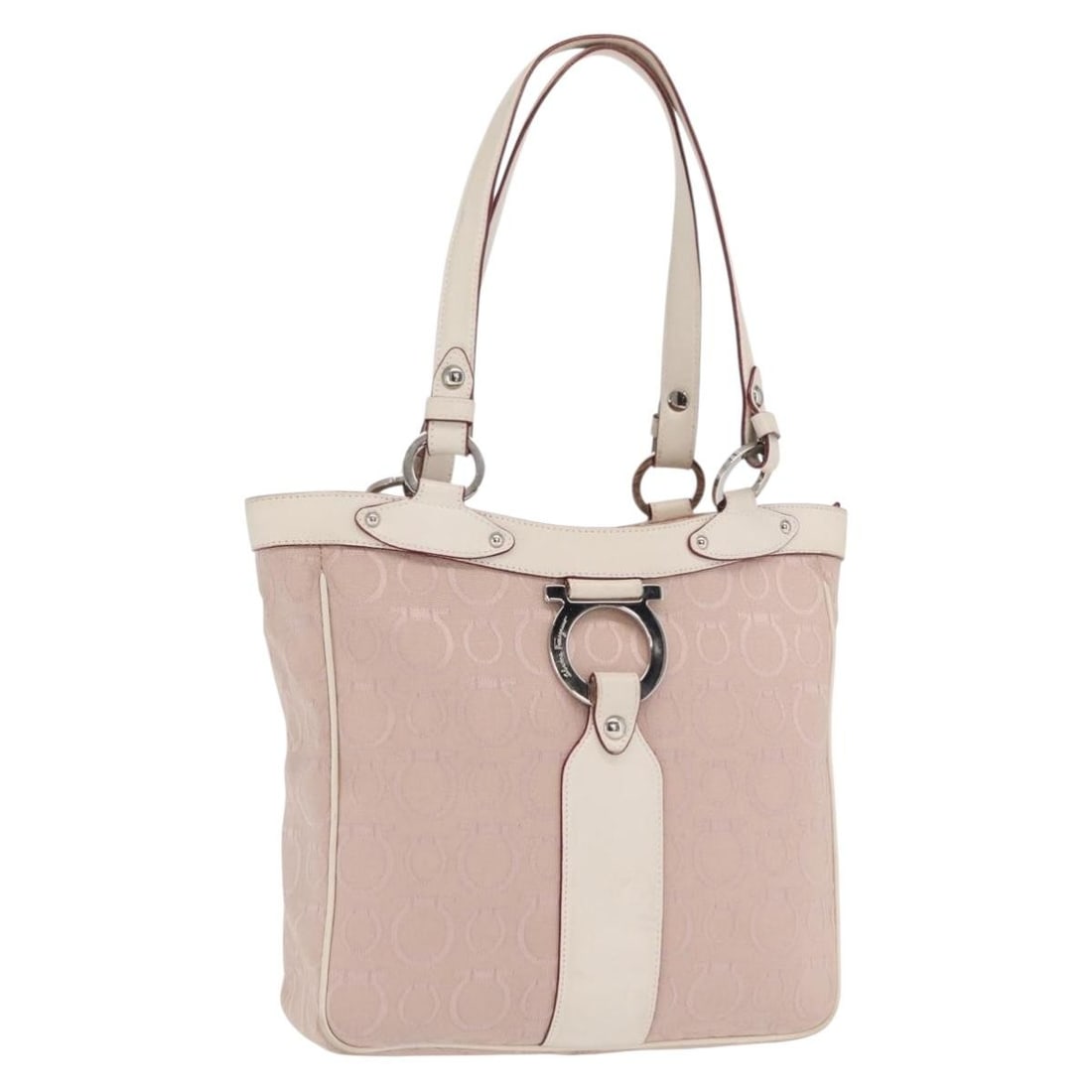 Pink Canvas Tote with Silver Accents by Salvatore Ferragamo: Pink Canvas Tote with Silver Accents by Salvatore Ferragamo This Salvatore Ferragamo tote bag features a pink and silver canvas exterior, designed for women. The bag is made in Italy and offers a spac