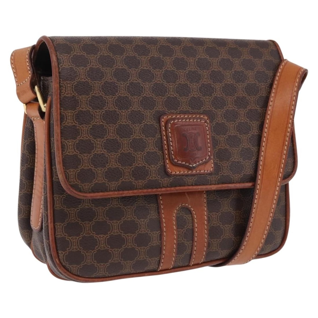 Celine Macadam Canvas and PVC Leather Shoulder Bag Brown Gold: Celine Macadam Canvas and PVC Leather Shoulder Bag Brown Gold A CELINE Macadam canvas shoulder bag in brown and gold, made from PVC leather and Macadam canvas. It features a shoulder bag style with an