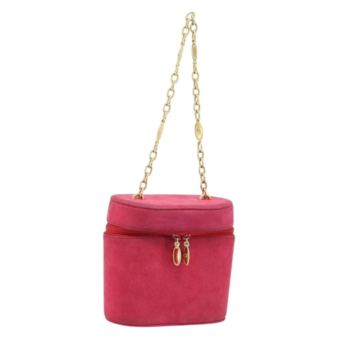 Christian Dior Pink Suede Shoulder Bag with Gold Chain Strap: Christian Dior Pink Suede Shoulder Bag with Gold Chain Strap This Christian Dior chain shoulder bag features a pink and gold suede exterior with gold-tone accents. Designed for women, it is a compact 