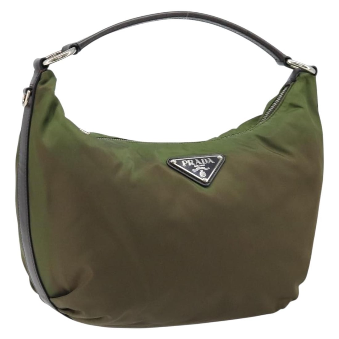 PRADA Nylon Shoulder Bag Silver Khaki Womens Italy: PRADA Nylon Shoulder Bag Silver Khaki Womens Italy PRADA shoulder bag in nylon with a silver and khaki exterior. Made in Italy, this women's bag measures approximately 34 cm wide, 22 cm high, and 10 c