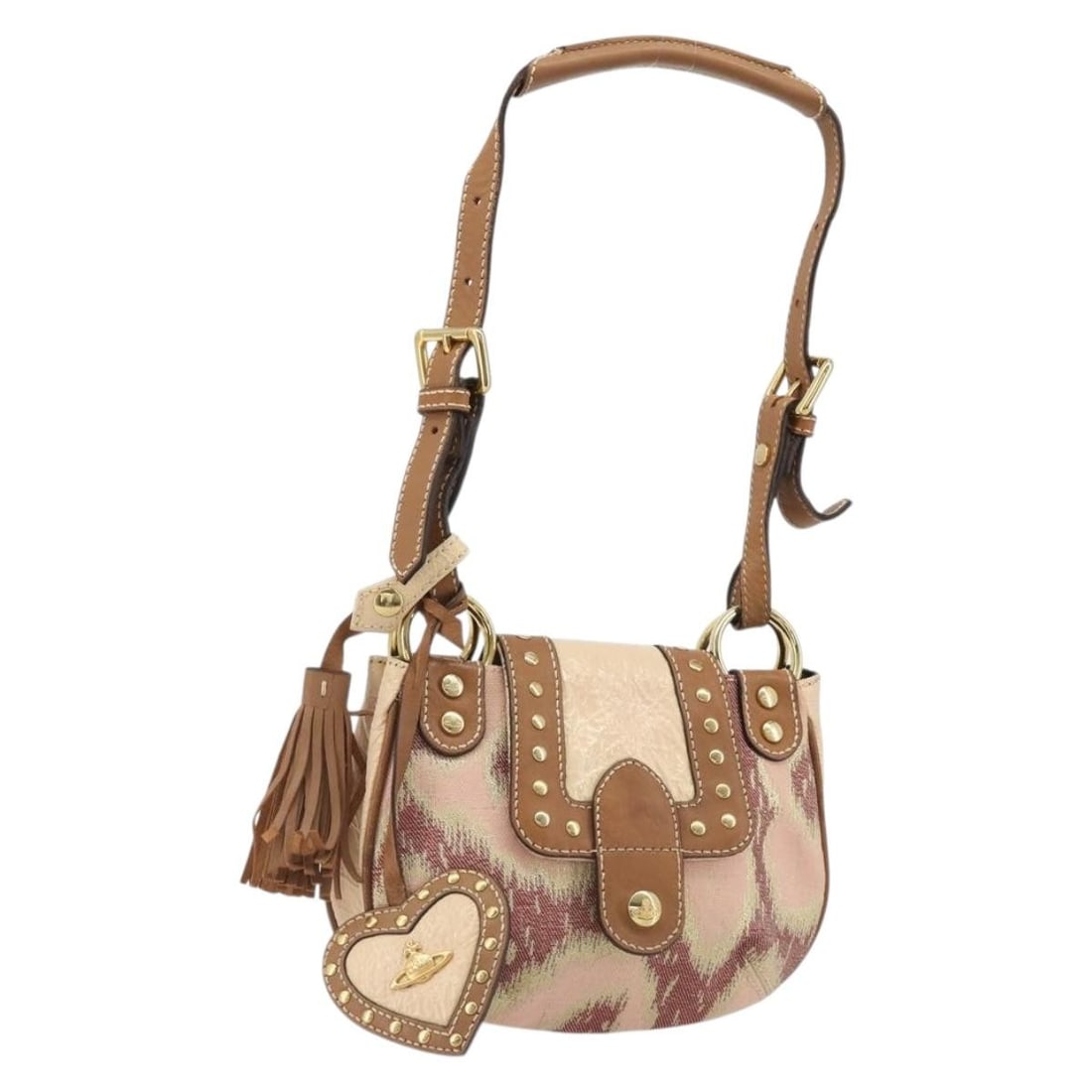Vivienne Westwood Canvas Shoulder Bag Pink Gold Italy: Vivienne Westwood Canvas Shoulder Bag Pink Gold Italy Vivienne Westwood shoulder bag in pink and gold canvas, made in Italy. It features a shoulder strap with an approximate drop of 22 to 26 cm and me