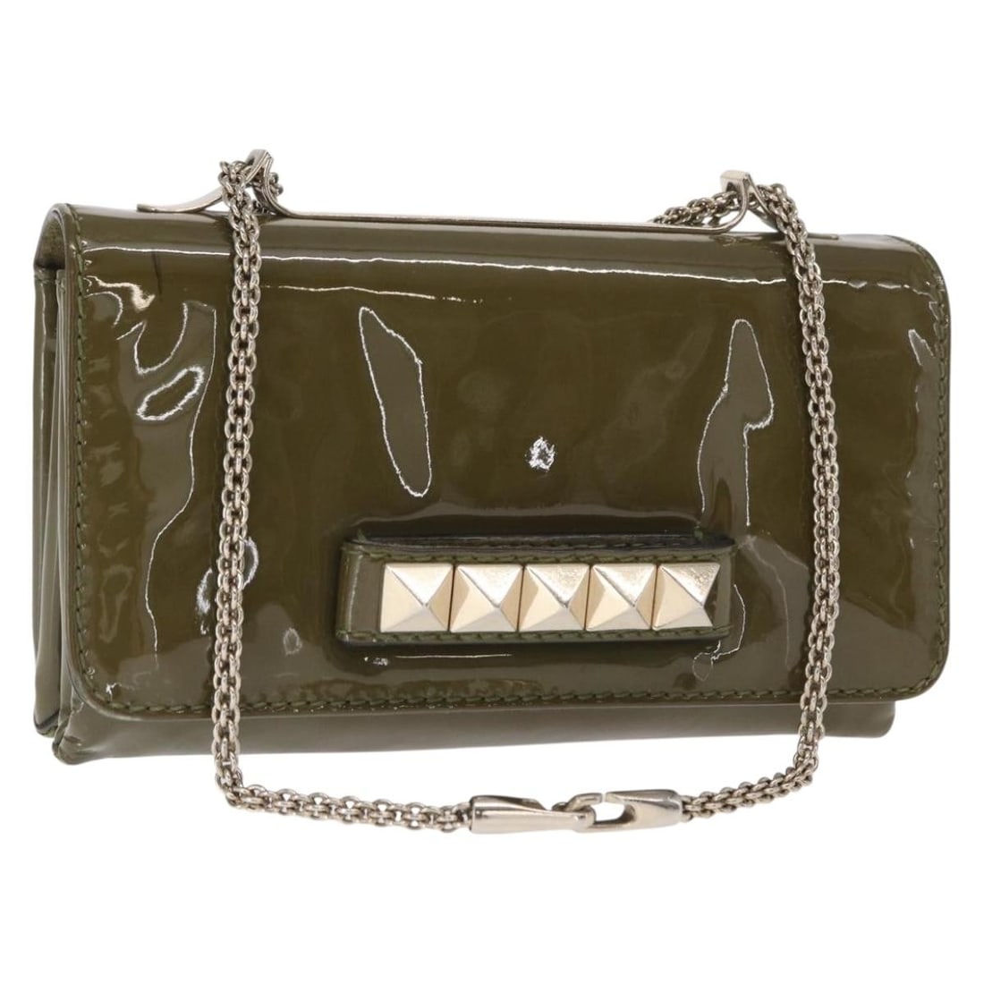 Valentino Enamel Shoulder Bag Khaki Gold Chain Studded Italy: Valentino Enamel Shoulder Bag Khaki Gold Chain Studded Italy Valentino studded chain shoulder bag in khaki and gold enamel. It is a shoulder bag made in Italy with approximate dimensions of W24 cm x H