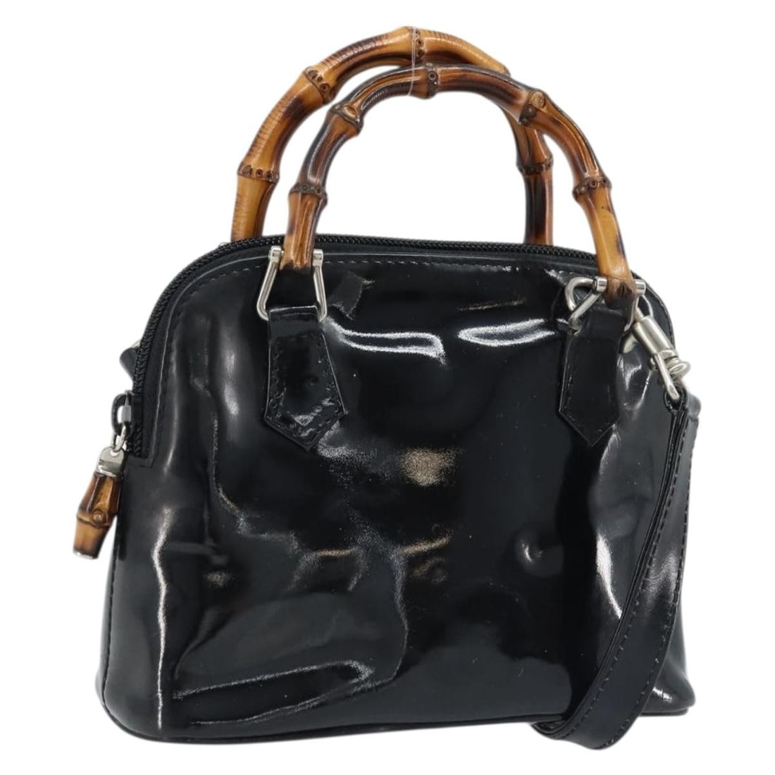 Gucci Bamboo Patent Leather Black Handbag with Shoulder Strap Silver Hardware: Gucci Bamboo Patent Leather Black Handbag with Shoulder Strap Silver Hardware This GUCCI Bamboo handbag is crafted from black patent leather with silver-toned accents. Designed for women, it features 