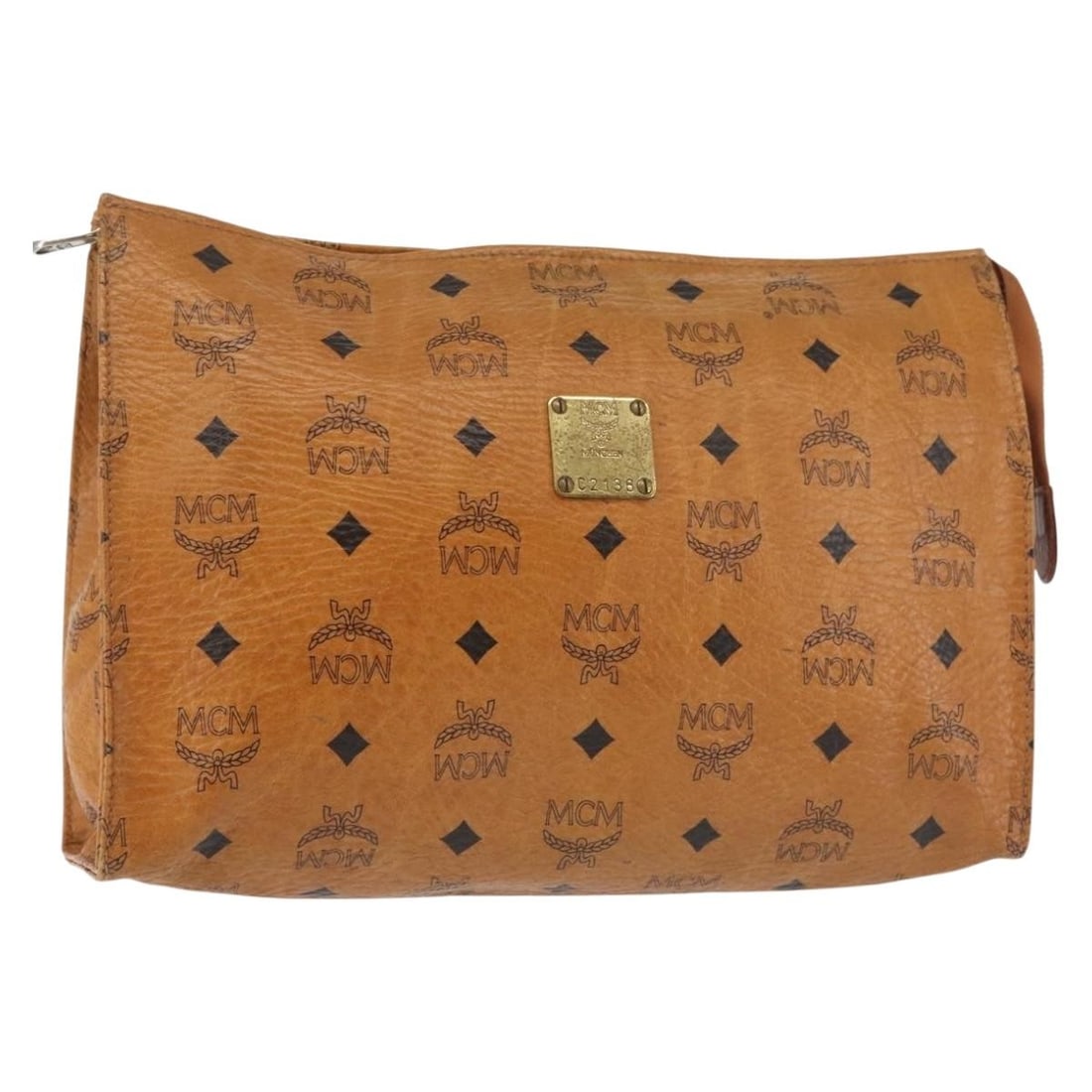 MCM Brown Gold PVC Leather Clutch Bag 11 x 7.9 x 3.1 inch: MCM Brown Gold PVC Leather Clutch Bag 11 x 7.9 x 3.1 inch This MCM Logogram Vicetos clutch bag is crafted from brown and gold PVC leather. The bag features a structured silhouette with approximate dim