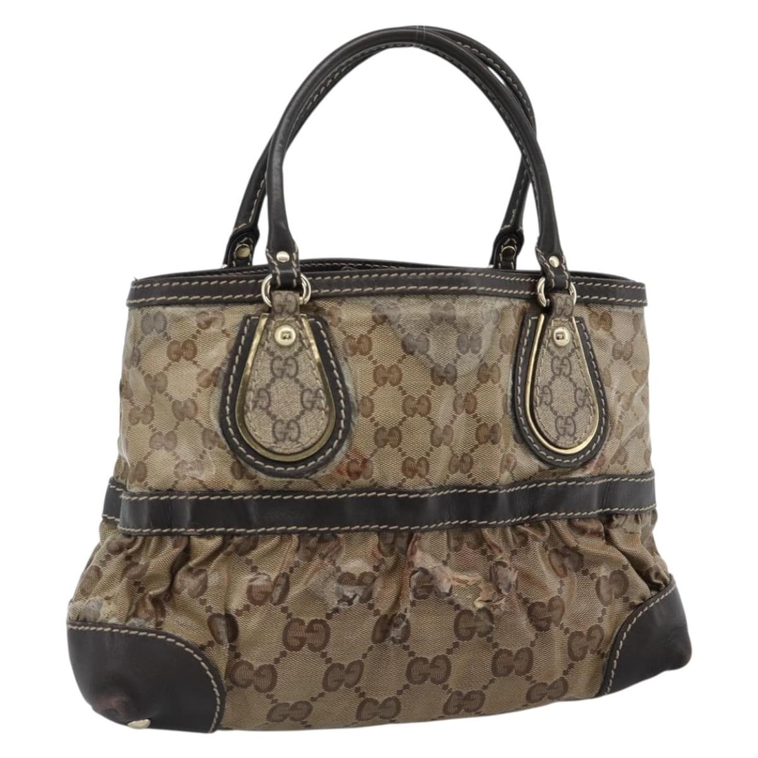 Gucci 223964 GG Crystal coated canvas handbag beige gold: Gucci 223964 GG Crystal coated canvas handbag beige gold Gucci GG Crystal handbag in beige and gold coated canvas. This women's handbag is made in Italy and shows heavy signs of use, including shape l