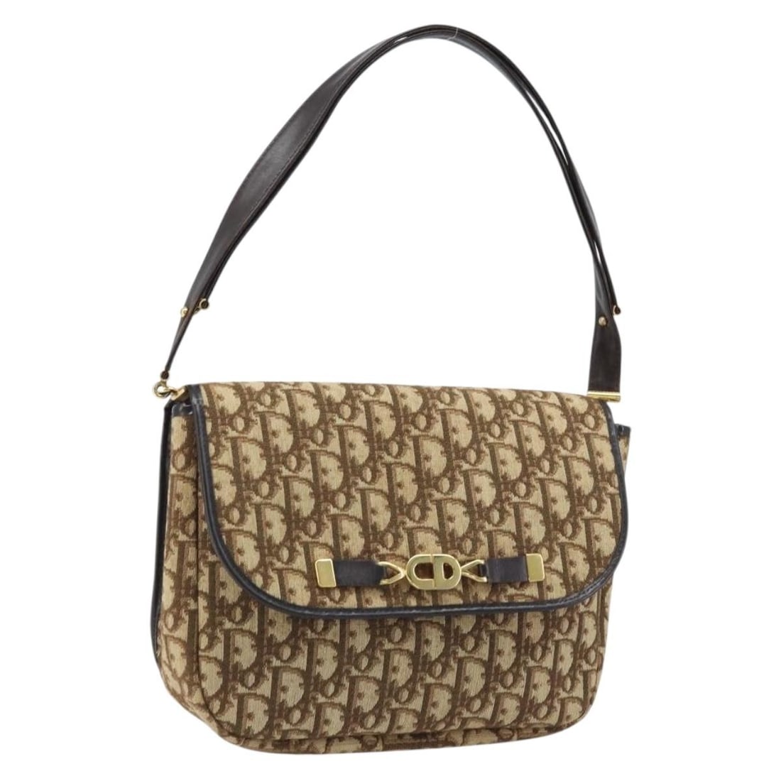 Christian Dior Brown Gold Trotter Canvas Shoulder Bag: Christian Dior Brown Gold Trotter Canvas Shoulder Bag Christian Dior shoulder bag in brown and gold Trotter canvas, made in France. This women's bag features a compact silhouette with a single shoulde