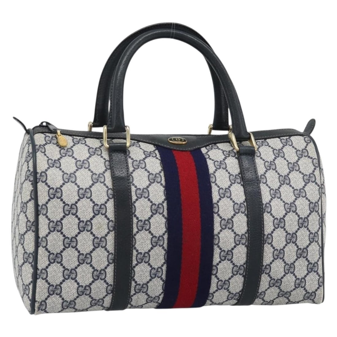 Gucci Sherry Line GG Supreme PVC Boston Bag Navy Gold 012 3842 39: Gucci Sherry Line GG Supreme PVC Boston Bag Navy Gold 012 3842 39 A Gucci Sherry Line Boston Bag in navy and gold, made from PVC leather and GG canvas. This Italy-made bag features a structured Boston