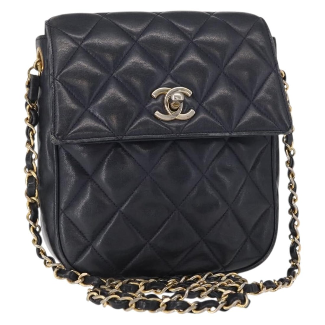 CHANEL Matelasse Lamb Skin Shoulder Bag Navy Gold CC: CHANEL Matelasse Lamb Skin Shoulder Bag Navy Gold CC CHANEL Matelasse chain shoulder bag in navy lamb skin with gold-tone accents. This women's shoulder bag was made in Italy and measures approximatel