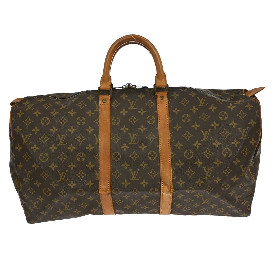 Louis Vuitton Keepall 55 Monogram Duffle Bag M41424 France: Louis Vuitton Keepall 55 Monogram Duffle Bag M41424 France Vintage Louis Vuitton Keepall 55 travel handbag in brown Monogram canvas with leather trim and double handles. This extra-large duffle-style 
