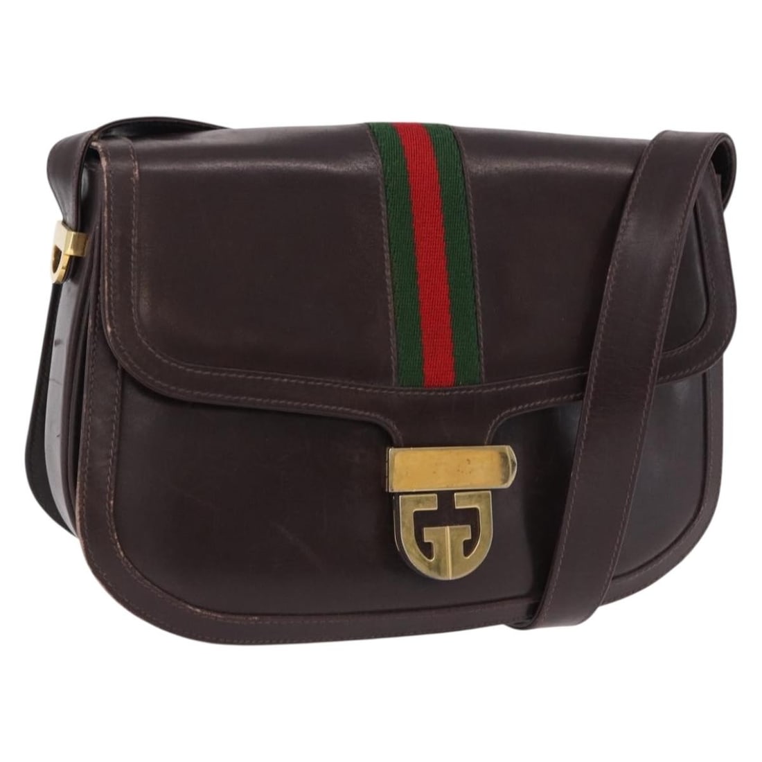 Gucci Sherry Line Leather Shoulder Bag Brown Gold Tone 191902: Gucci Sherry Line Leather Shoulder Bag Brown Gold Tone 191902 Brown and gold Gucci Web Sherry Line shoulder bag in leather. The bag measures approximately 26 cm wide, 19 cm high, and 5 cm deep, with a