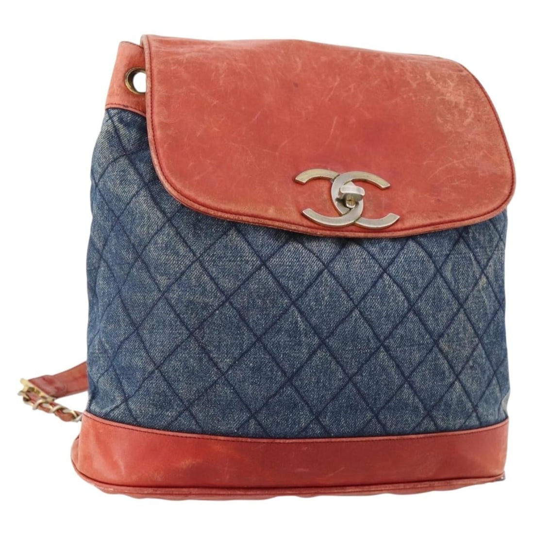 CHANEL CC Denim Chain Backpack Blue Canvas: CHANEL CC Denim Chain Backpack Blue Canvas Chanel Matelasse chain backpack in blue canvas with gold-tone CC detailing. Made in Italy, this women's backpack is offered as the item only; the box and dus