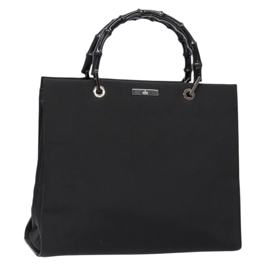 GUCCI Bamboo Hand Bag Nylon Black Silver 002 1010 Authentic Italy: GUCCI Bamboo Hand Bag Nylon Black Silver 002 1010 Authentic Italy This authentic GUCCI Bamboo Hand Bag is a stylish accessory crafted from durable nylon in a sleek black and silver color scheme. Measu