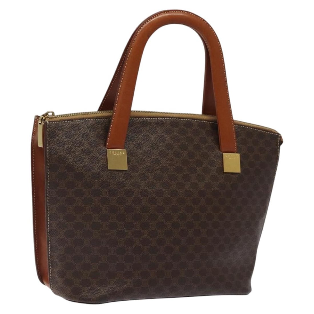 Celine Macadam Brown PVC and Leather Women's Handbag Gold Tone Italy: Celine Macadam Brown PVC and Leather Women's Handbag Gold Tone Italy This Celine Macadam Canvas hand bag features a brown and gold color scheme and is crafted from PVC leather and Macadam canvas. Desi