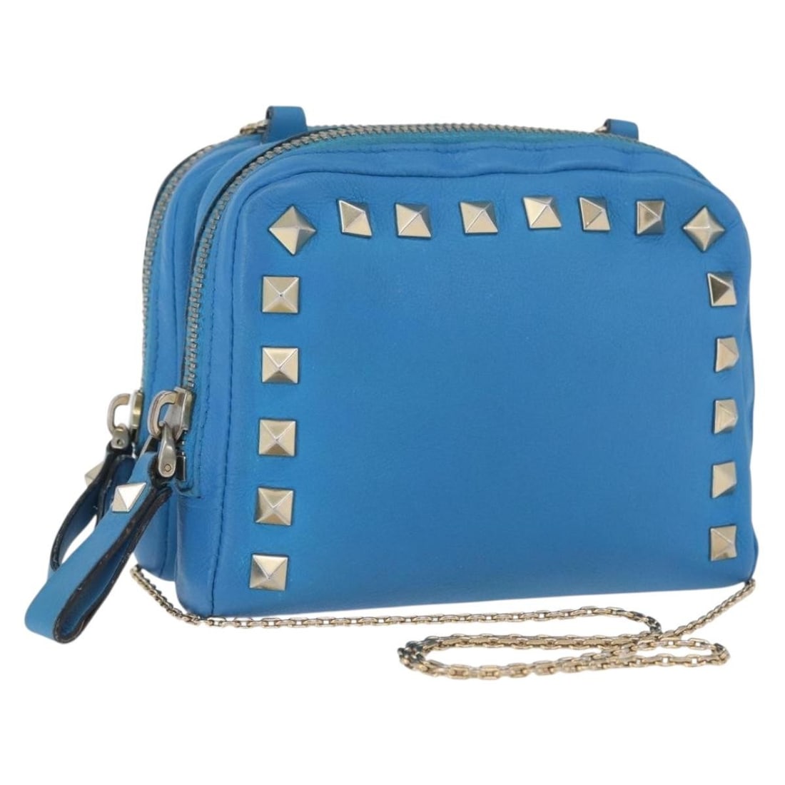 VALENTINO Leather Chain Shoulder Bag Blue Gold Tone: VALENTINO Leather Chain Shoulder Bag Blue Gold Tone Valentino shoulder bag in blue leather with gold-tone chain detailing. Made in Italy, this women's bag is offered without the original box or dust b