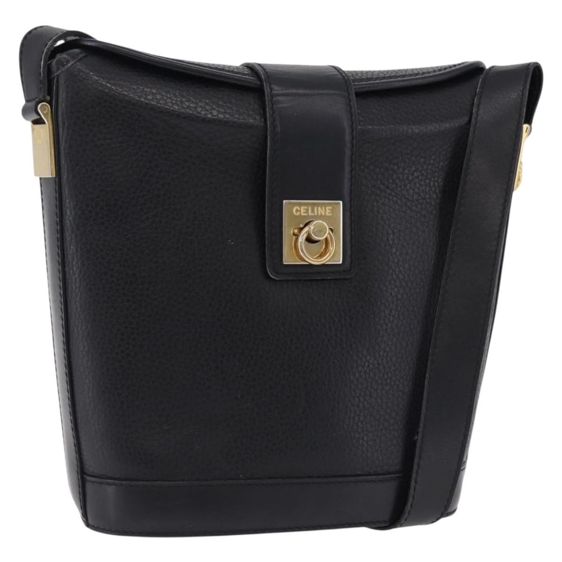 CELINE Black Leather Shoulder Bag Gold Tone Hardware Italy: CELINE Black Leather Shoulder Bag Gold Tone Hardware Italy This CELINE shoulder bag is crafted from leather in a black and gold color combination. Made in Italy, it features a shoulder strap with an a