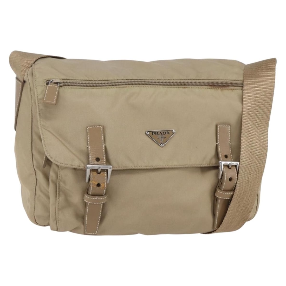 PRADA Beige Silver Nylon Shoulder Bag Italy Auth MR1533: PRADA Beige Silver Nylon Shoulder Bag Italy Auth MR1533 This authentic PRADA shoulder bag is crafted from durable nylon in a stylish beige and silver color combination. Featuring a spacious design, it