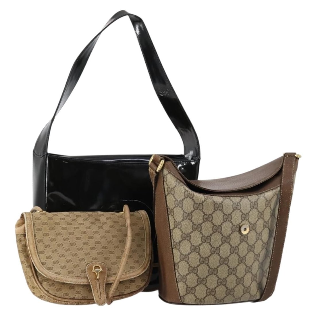 Gucci GG Supreme patent shoulder bag beige black canvas leather: Gucci GG Supreme patent shoulder bag beige black canvas leather A Gucci GG Supreme shoulder bag in beige and black, made from patent leather and GG canvas. This item is made in Italy and is listed as 