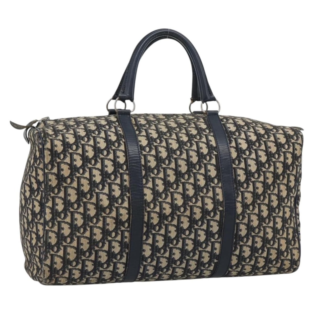 Christian Dior Boston Bag in Navy Silver Trotter Canvas: Christian Dior Boston Bag in Navy Silver Trotter Canvas Christian Dior Trotter Canvas Boston Bag in navy and silver, made in France. This women's Boston bag is crafted from Trotter Canvas and measures