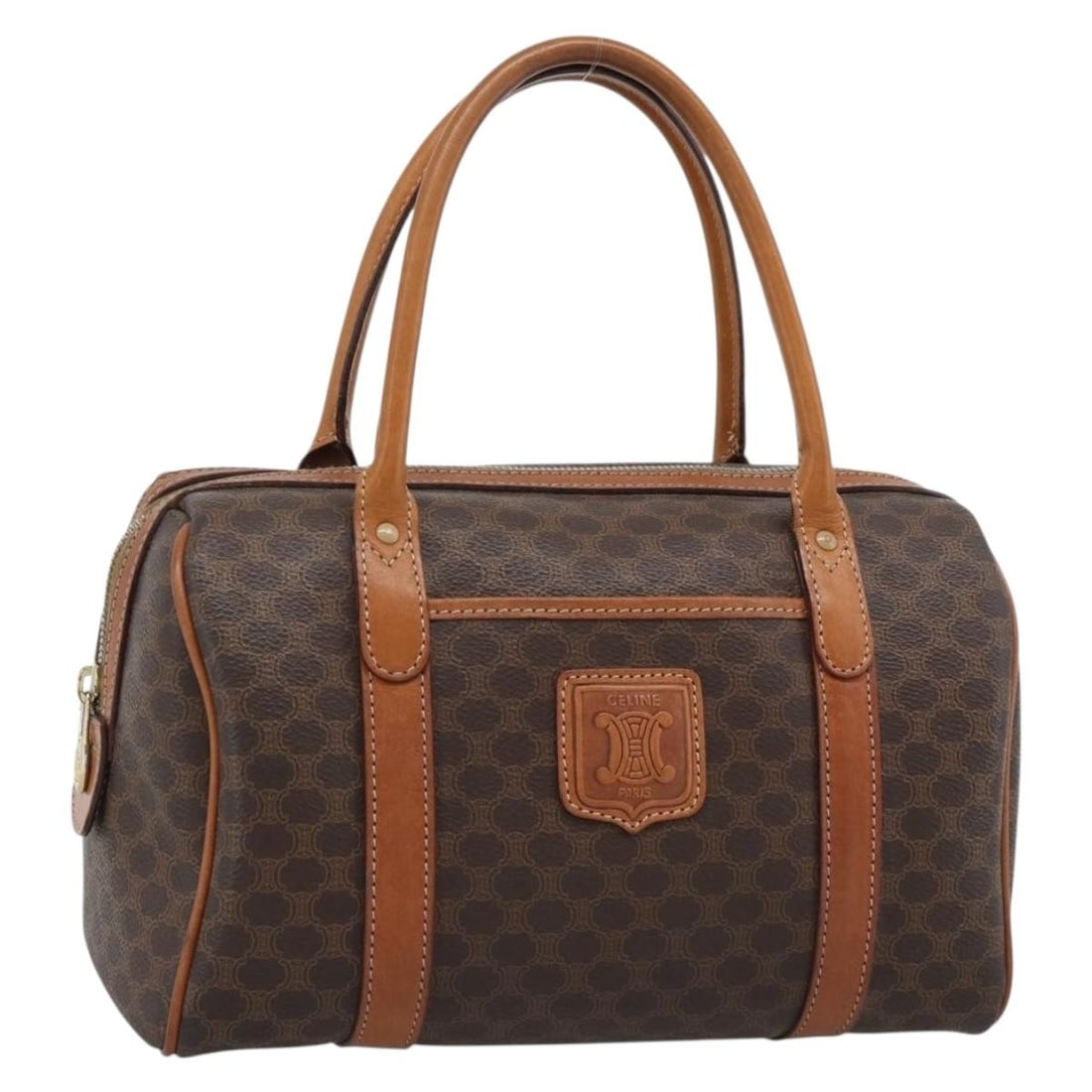 CELINE Macadam Brown PVC Leather Hand Bag Gold Tone Italy: CELINE Macadam Brown PVC Leather Hand Bag Gold Tone Italy CELINE Macadam hand bag in brown and gold tone PVC leather/Macadam canvas, made in Italy. The bag measures approximately 10.2 x 6.3 x 5.5 inch