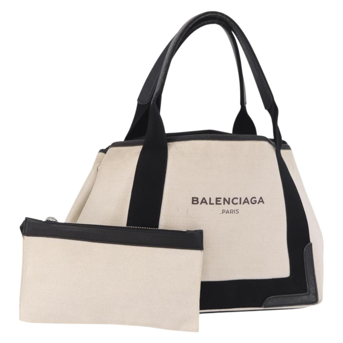 BALENCIAGA 339933 Navy Cabas M Canvas Tote Bag with Pouch Ivory Silver: BALENCIAGA 339933 Navy Cabas M Canvas Tote Bag with Pouch Ivory Silver Balenciaga Navy Cabas M tote bag in canvas with leather details, presented in ivory and silver. Made in Italy, this women's tote 