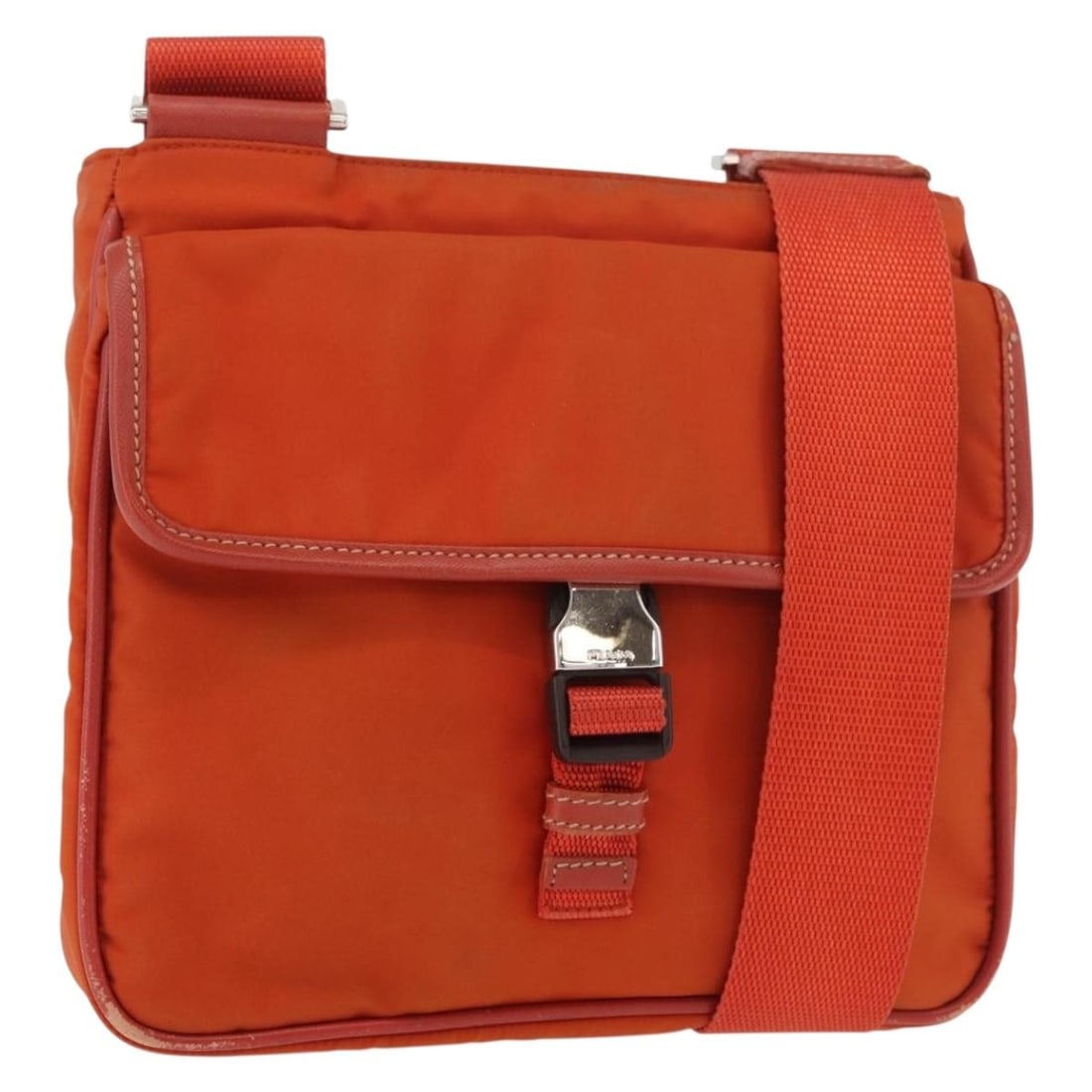 Prada BA12584A Orange Nylon Shoulder Bag Silver Tone: Prada BA12584A Orange Nylon Shoulder Bag Silver Tone Orange and silver Prada shoulder bag made from nylon, crafted in Italy. It measures approximately W21 cm x H20 cm x D7 cm, with a shoulder drop of 