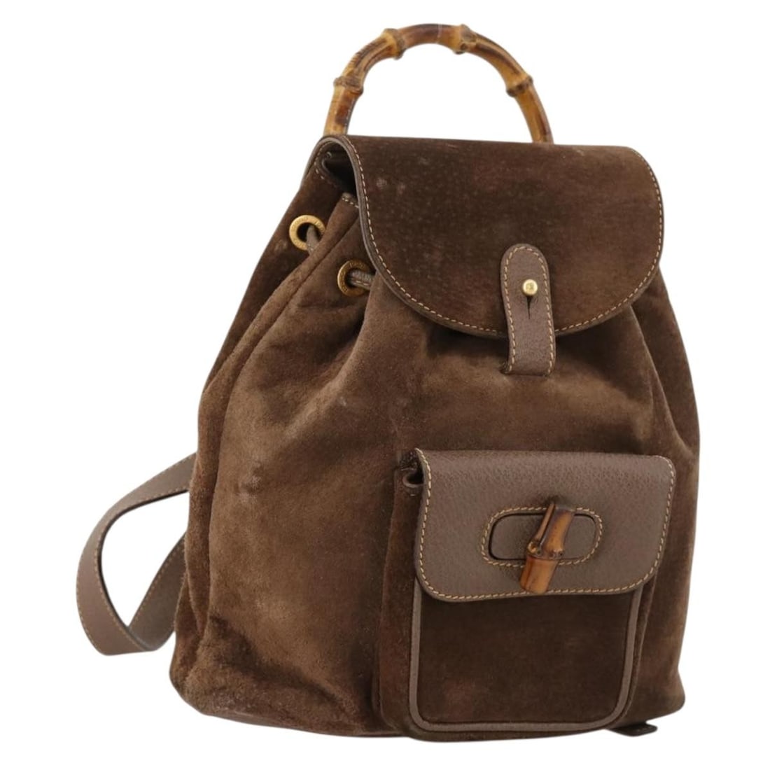Brown Suede Gucci Bamboo Backpack with Gold Accents 003 2058 0030: Brown Suede Gucci Bamboo Backpack with Gold Accents 003 2058 0030 This is a Gucci women's backpack crafted from brown suede with gold-tone accents. The bag features the brand's signature bamboo detail