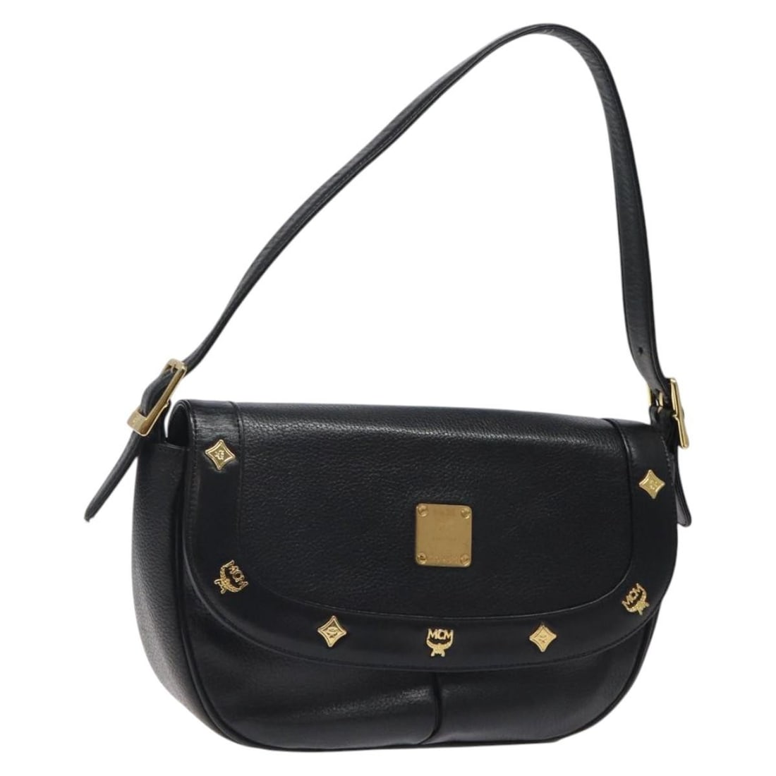 MCM Black Gold Leather Shoulder Bag Women: MCM Black Gold Leather Shoulder Bag Women This MCM women's shoulder bag is crafted from black and gold leather, featuring a structured silhouette. It offers a practical size with an adjustable shoulde