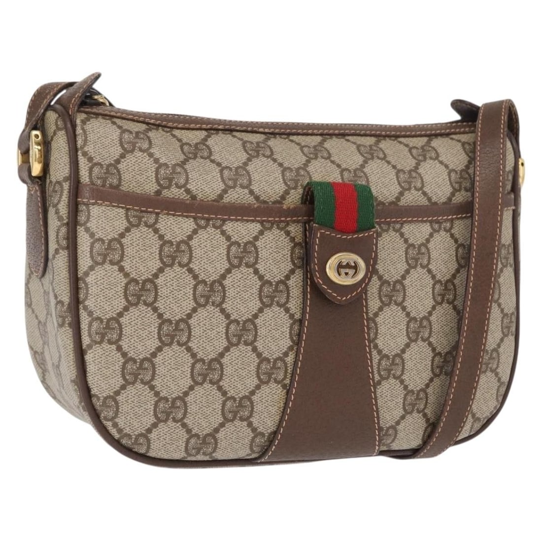 GUCCI 89 02 032 GG Supreme Web Shoulder Bag Beige Gold PVC Leather: GUCCI 89 02 032 GG Supreme Web Shoulder Bag Beige Gold PVC Leather Gucci GG Supreme Web Sherry Line shoulder bag in beige and gold, made in Italy. The bag is crafted from PVC leather and GG canvas, an