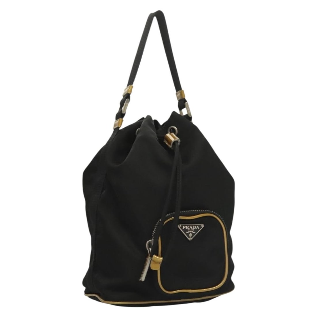 Prada Black Nylon Hand Bag Gold Tone Hardware Italy: Prada Black Nylon Hand Bag Gold Tone Hardware Italy PRADA hand bag in black and gold nylon, made in Italy. It features a handle drop of approximately 11 cm and comes with the item shown in the photo o