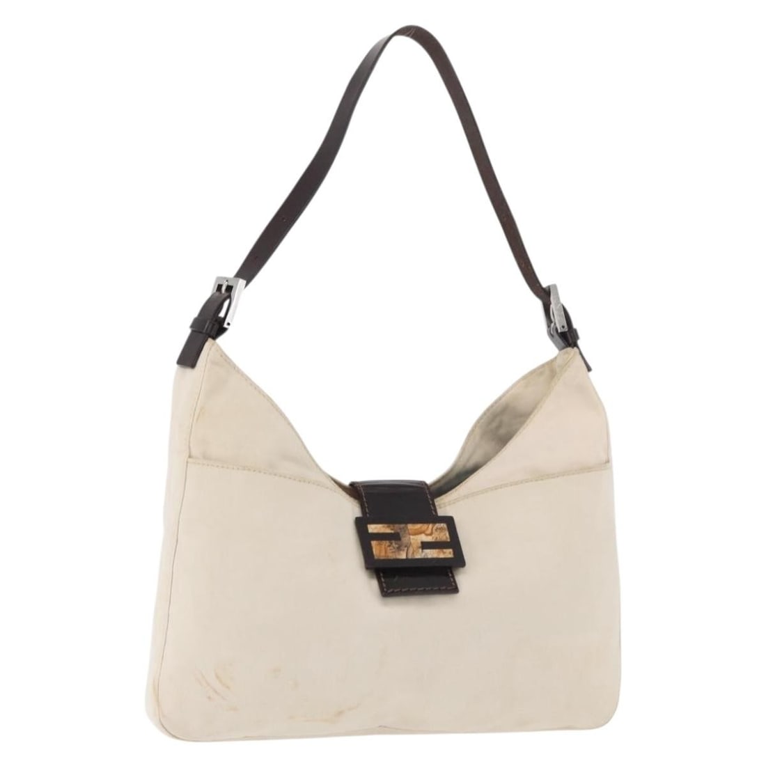 Fendi Mamma Baguette Canvas Shoulder Bag White Silver Italy: Fendi Mamma Baguette Canvas Shoulder Bag White Silver Italy Fendi Mamma Baguette shoulder bag in white and silver canvas, made in Italy. This pre-owned bag is presented in heavily used condition with 