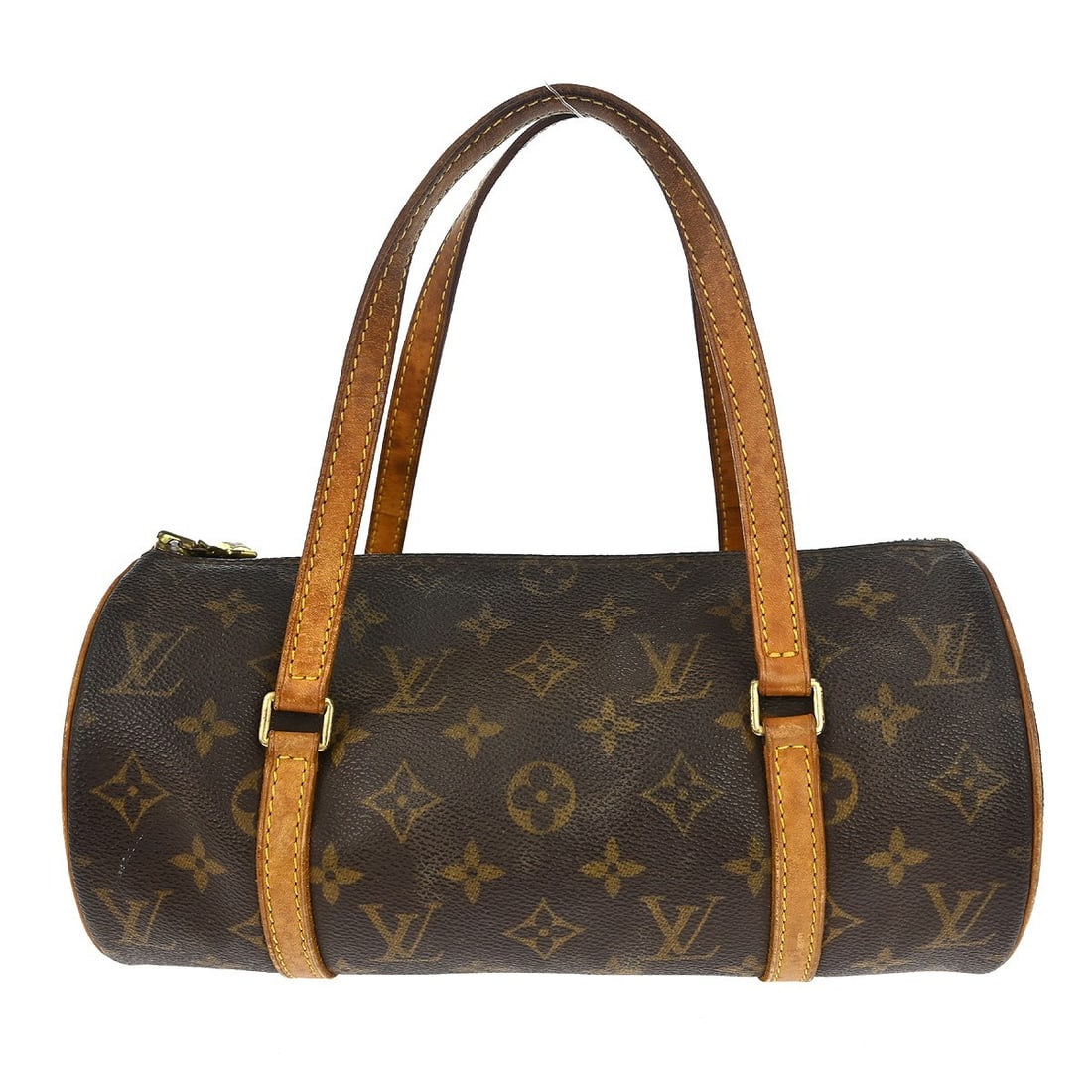 Louis Vuitton Papillon 26 Monogram Canvas Handbag M51386: Louis Vuitton Papillon 26 Monogram Canvas Handbag M51386 Louis Vuitton Papillon 26 handbag in Monogram canvas with leather details, made in France. The bag shows heavy use, with visible dirt, scuffs, 
