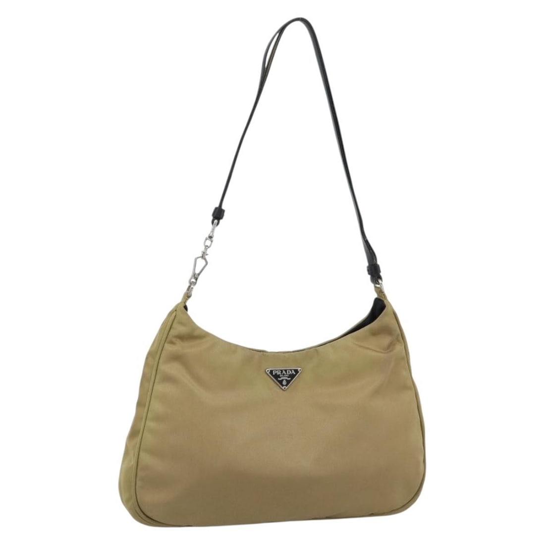 PRADA Beige Nylon Handbag with Silver Tone Hardware Made in Italy: PRADA Beige Nylon Handbag with Silver Tone Hardware Made in Italy Prada nylon hand bag in beige and silver, made in Italy. It features a hand bag style with approximate dimensions of W25 cm x H16 cm x