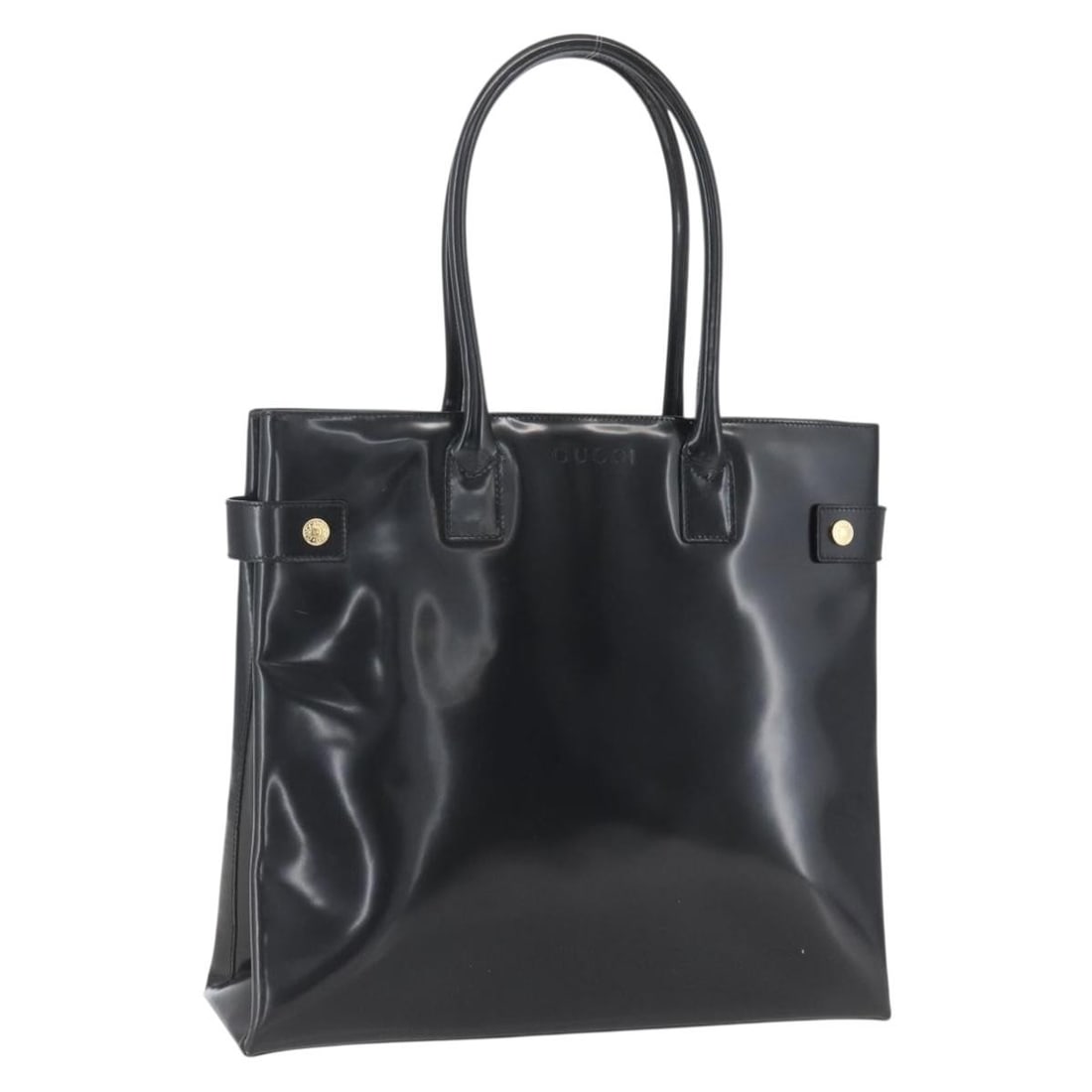 Black and Gold Enamel Tote by GUCCI Model 002 1046 0407: Black and Gold Enamel Tote by GUCCI Model 002 1046 0407 This GUCCI tote bag features an enamel exterior in black and gold, offering a distinctive and stylish look. Made in Italy, the bag is designed w